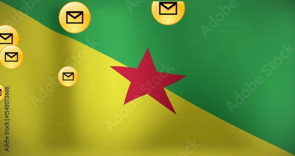 Fototapeta Showcasing flag of French Guiana featuring red star in digital art, golden circular envelope icons