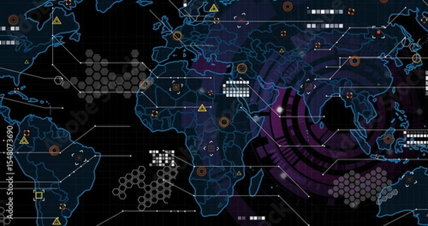 Fototapeta Displaying glowing blue world map in digital interface, with purple circles and white data blocks