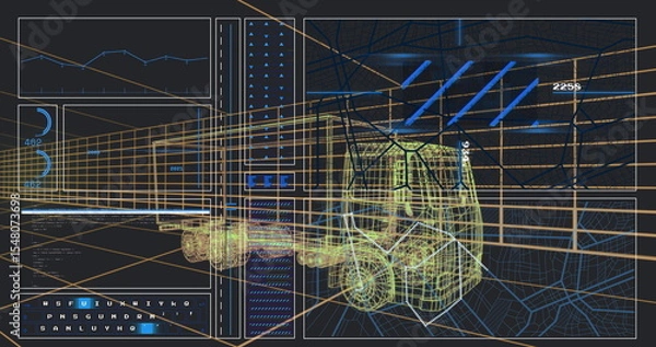 Obraz Displaying wireframe forklift model floating in diagnostic interface, with line chart and gauges