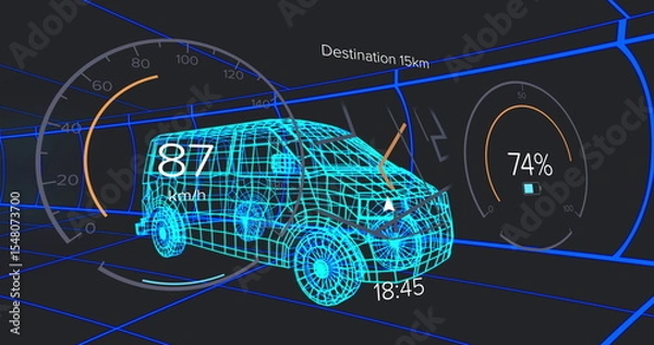 Obraz Navigating wireframe van model moving through neon blue grid tunnel, with HUD speedometer gauge