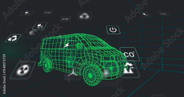 Obraz Floating wireframe van model hovering in neon grid simulation space, with translucent energy icons
