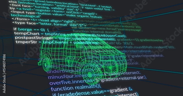 Obraz Visualizing green wireframe van model rotating in virtual 3D grid environment, with code overlays