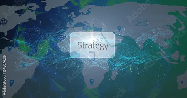 Obraz Strategy panel hovering in network view, with world map, network lines, pins and floating icons