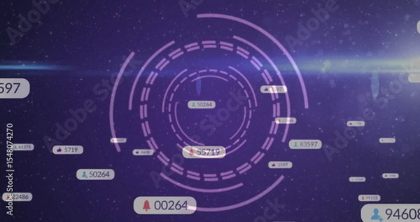 Obraz Overlaying purple HUD in starfield, displaying badges with bell user thumbs-up icons and counts