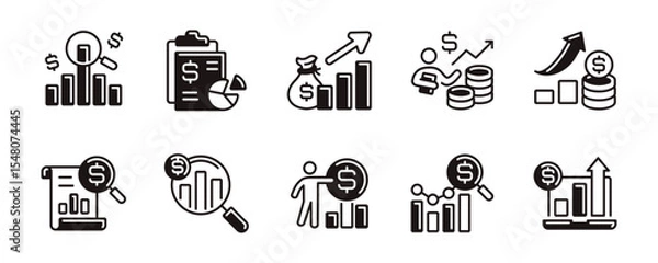 Fototapeta financial growth report chart bar icon line set business profit performance analysis with magnifier zoom, clipboard, people, dollar arrow symbol vector outline illustration