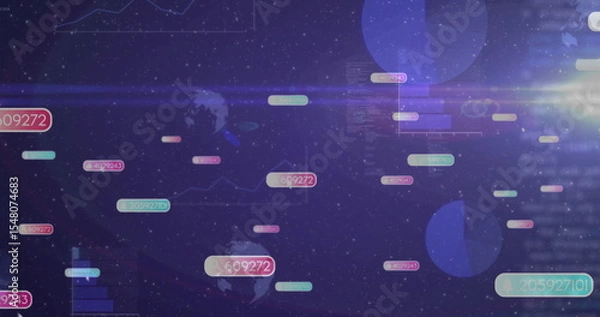 Fototapeta Floating numeric labels, charts and map silhouettes hovering in starfield with light flare streaks