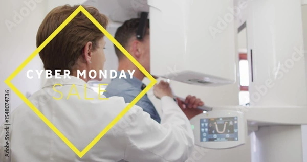 Obraz Adjusting dentist positioning X-ray arm around patient head in clinic, with digital display
