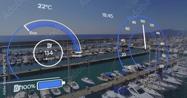 Obraz Displaying digital HUD showing speedometer, range, battery bar over marina docks, with boats