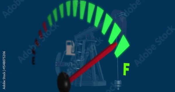 Obraz Fuel gauge needle pointing to full F mark in graphic background, with oil pumpjack silhouette