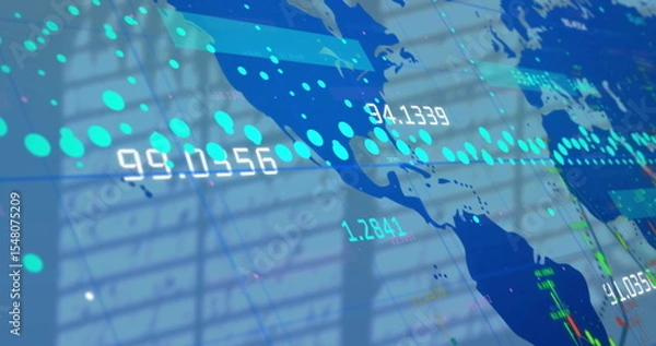 Fototapeta Displaying translucent map overlay at office screen, with dotted data points and numerical figures