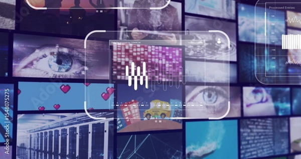 Obraz Transparent overlay projecting graph in data center display showing eye heart icons and code panels