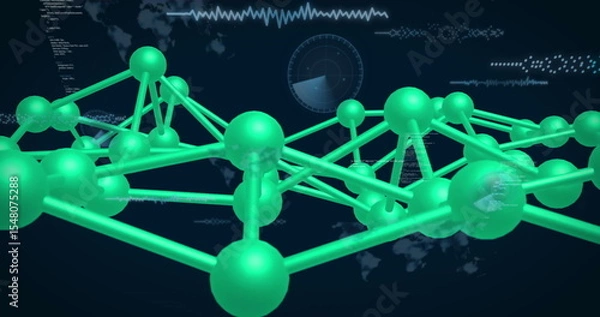 Fototapeta Floating network of neon green spheres connecting by rods in dark blue interface, world map overlay