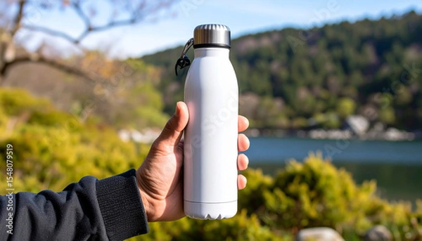 Obraz Close-Up of Hand Holding White Reusable Stainless Steel Thermo Water Bottle on Neutral Background

