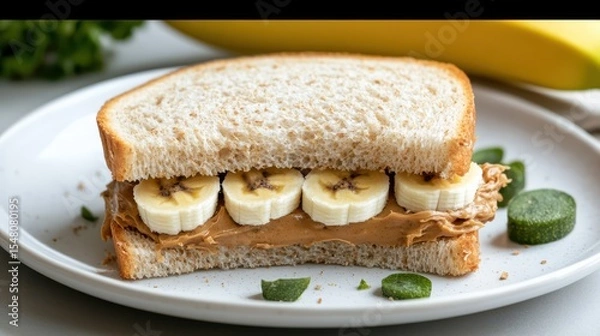 Fototapeta Delicious Sandwich Loaded with Peanut Butter and Fresh Banana Slices