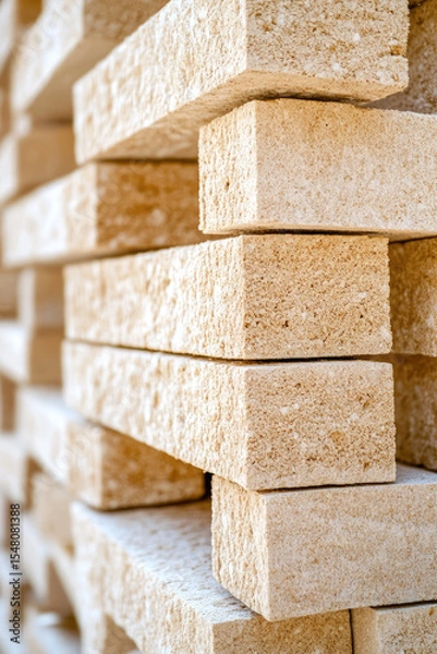 Fototapeta Stacked stone bricks are arranged in a staggered pattern creating a textured wall. Construction material, texture, architecture, close-up, pattern