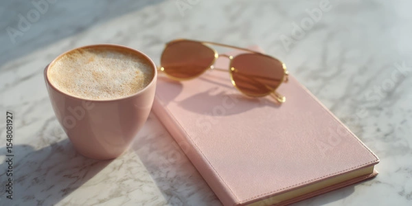 Fototapeta A cup of cappuccino sits next to sunglasses and a closed pink book on a marble surface. Relaxation and leisure time