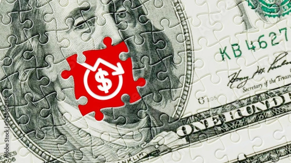 Fototapeta Falling dollar icon in missing puzzle piece on hundred dollar bill