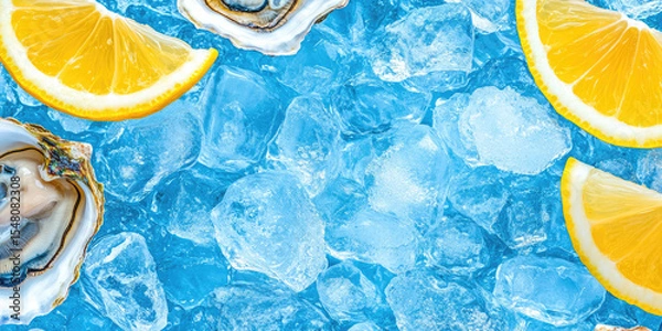 Fototapeta Lemon slices and oysters rest on a bed of ice cubes. Refreshing seafood and citrus concept