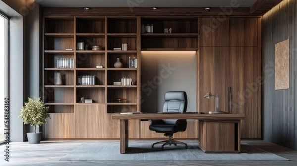 Fototapeta Stylish Modern Workspace With Wooden Furniture For Zoom Background