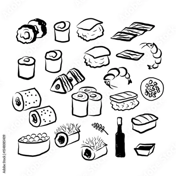 Obraz Sketch with Sushi and rolls Japanese food on isolated background. Ink doodle with Onigiri, nori, rice, wasabi, fresh cucumber, toasted sesame, crab meat, soy sauce, sashimi, shrimp, pickled ginger 