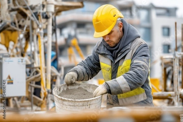 Obraz Construction worker mixing concrete at a building site during daytime in an urban environment