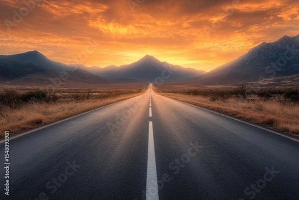 Fototapeta Empty road stretching into a dramatic sunset over mountains