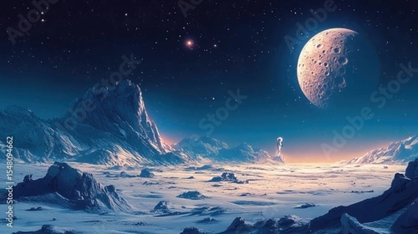 Fototapeta Astronaut Exploring Icy Alien Landscape Under a Distant Planet