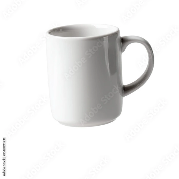 Fototapeta White ceramic mug isolated on a transparent background. Plain coffee cup with handle, front angle view. Used for hot drinks like coffee, tea, or cocoa in kitchen and branding mockups.