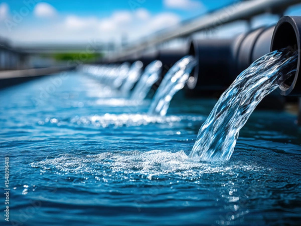 Fototapeta Clean water flowing through advanced smart pipeline system with multiple black pipes releasing fresh water into large reservoir under bright blue sky