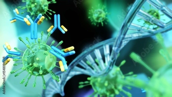 Fototapeta Virus and antibodies close up, microorganism, a microscopic organism, especially a bacterium, virus, or fungus. 3d rendering