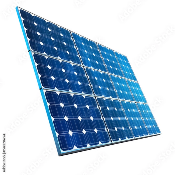 Fototapeta Solar panel isolated on a transparent background. Blue photovoltaic module with multiple cells angled in perspective view. Used for renewable energy, electricity generation.