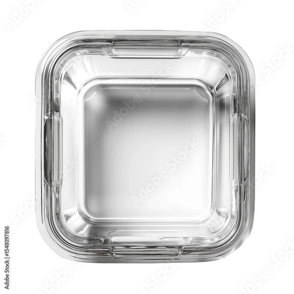 Fototapeta Square glass food container isolated on a transparent background. Transparent storage box with lid clips, top view. Used for storing meals, leftovers, ingredients, or lunch preparation.