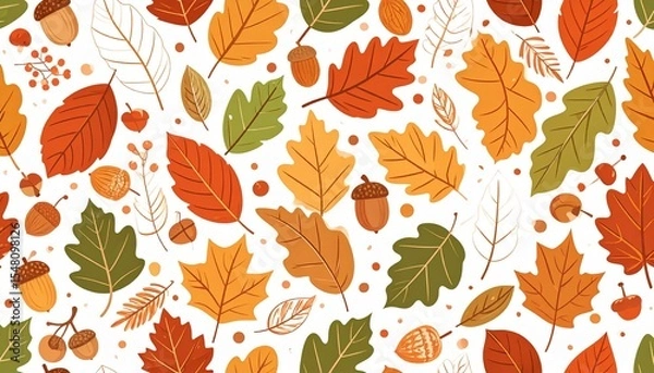 Fototapeta Seamless Autumn Leaf Pattern with Acorns and Berries in Warm Fall Colors
