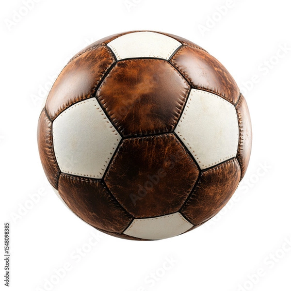 Fototapeta Vintage leather soccer ball isolated on a transparent background. Classic football with brown and white stitched panels, front view. Used in sports visuals, equipment mockups, and game design.