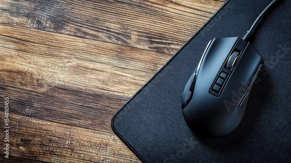 Obraz Dark gray computer mouse on wooden desk