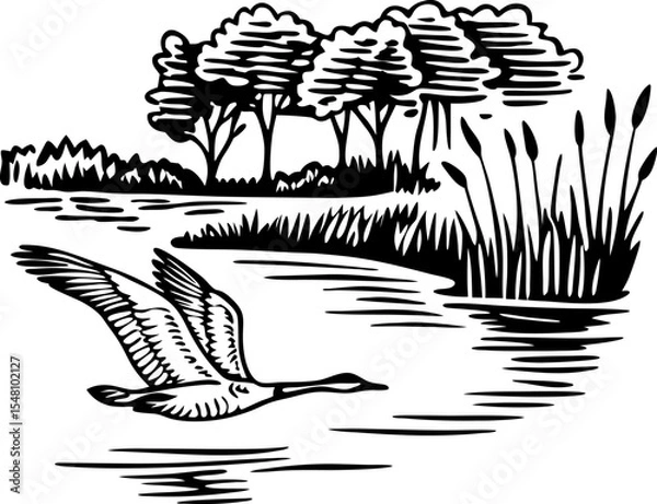 Fototapeta Flying goose over calm river with reeds and trees nature landscape, tranquil wetland wildlife illustration