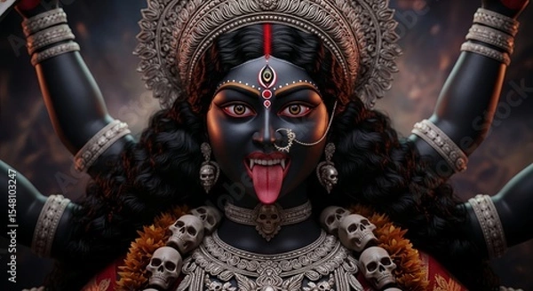 Obraz Close-up of fierce Goddess Kali with black skin, red tongue and skull necklace