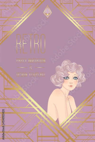 Fototapeta Art Deco design template with elegant flapper girl, geometric shapes, and decorative elements in dusty rose and gold tones. Perfect for invitations, fashion branding, events, or digital decor.