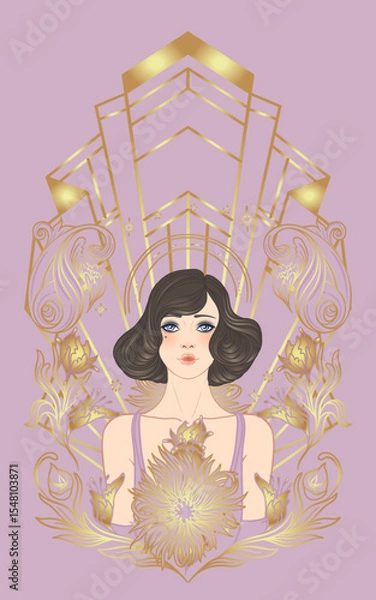 Fototapeta Art Deco design template with elegant flapper girl, geometric shapes, and decorative elements in dusty rose and gold tones. Perfect for invitations, fashion branding, events, or digital decor.
