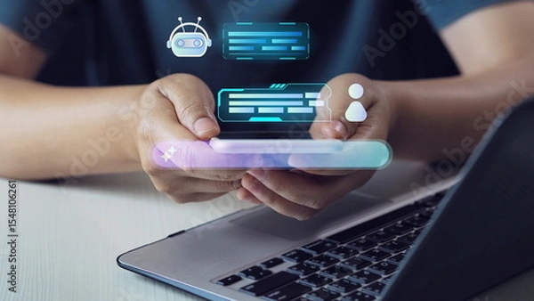 Fototapeta  businessman is using a smartphone, symbolizing an AI chatbot concept with smart customer support, automated communication, and artificial intelligence integrated into mobile digital service