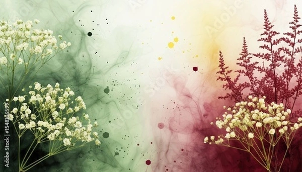 Fototapeta A colorful abstract background featuring delicate white flowers on a green and red gradient. The scene includes soft splashes of color and a dreamy atmosphere.