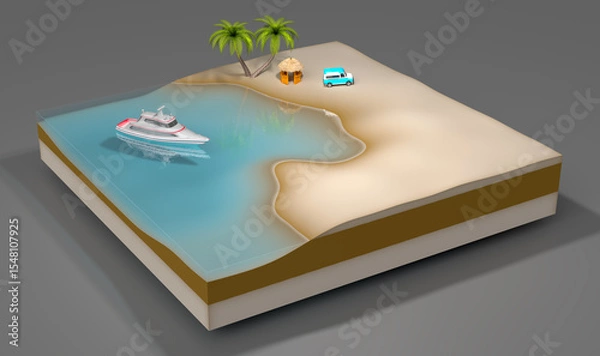 Fototapeta Fragment of surface with sandy beach, straw hut, old blue car and palm trees by the sea with white modern yacht sailing on it. 3d illustration on gray background