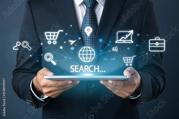 Fototapeta The business concept leverages digital marketing, online commerce, and AI technology. A businessman uses a laptop to plan digital marketing campaigns across digital channels including search engines.b