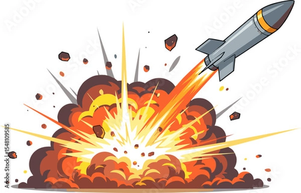 Fototapeta Cartoon Rocket Launching with Explosive Blast and Debris in Mid-Air