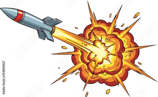 Fototapeta Cartoon Rocket Launching Towards a Massive Explosive Fireball