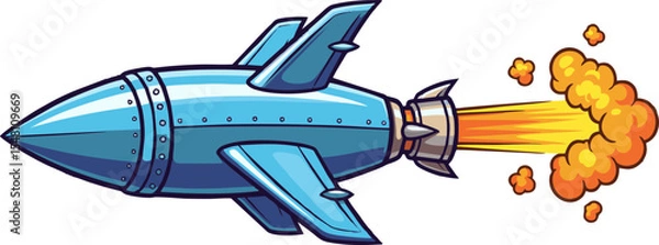 Fototapeta Cartoon Rocket Ship with Powerful Blast of Fire