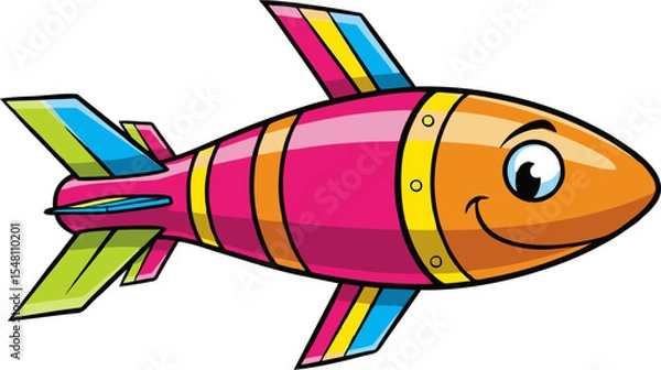 Fototapeta Cheerful Cartoon Rocket Ship with Colorful Stripes and Fins