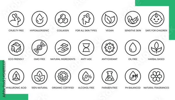 Obraz Elegant line icons combining natural elements and beauty items like leaves, flowers, and cosmetics for eco-friendly branding and wellness design.