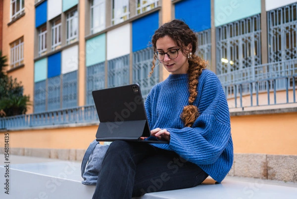 Fototapeta Focused female student working on tablet in front of colorful modern building, enjoying outdoor study session