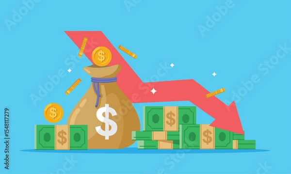 Fototapeta flat financial and economic illustration with down arrow stock chart. bad economy reduction investment cost, monetary loss